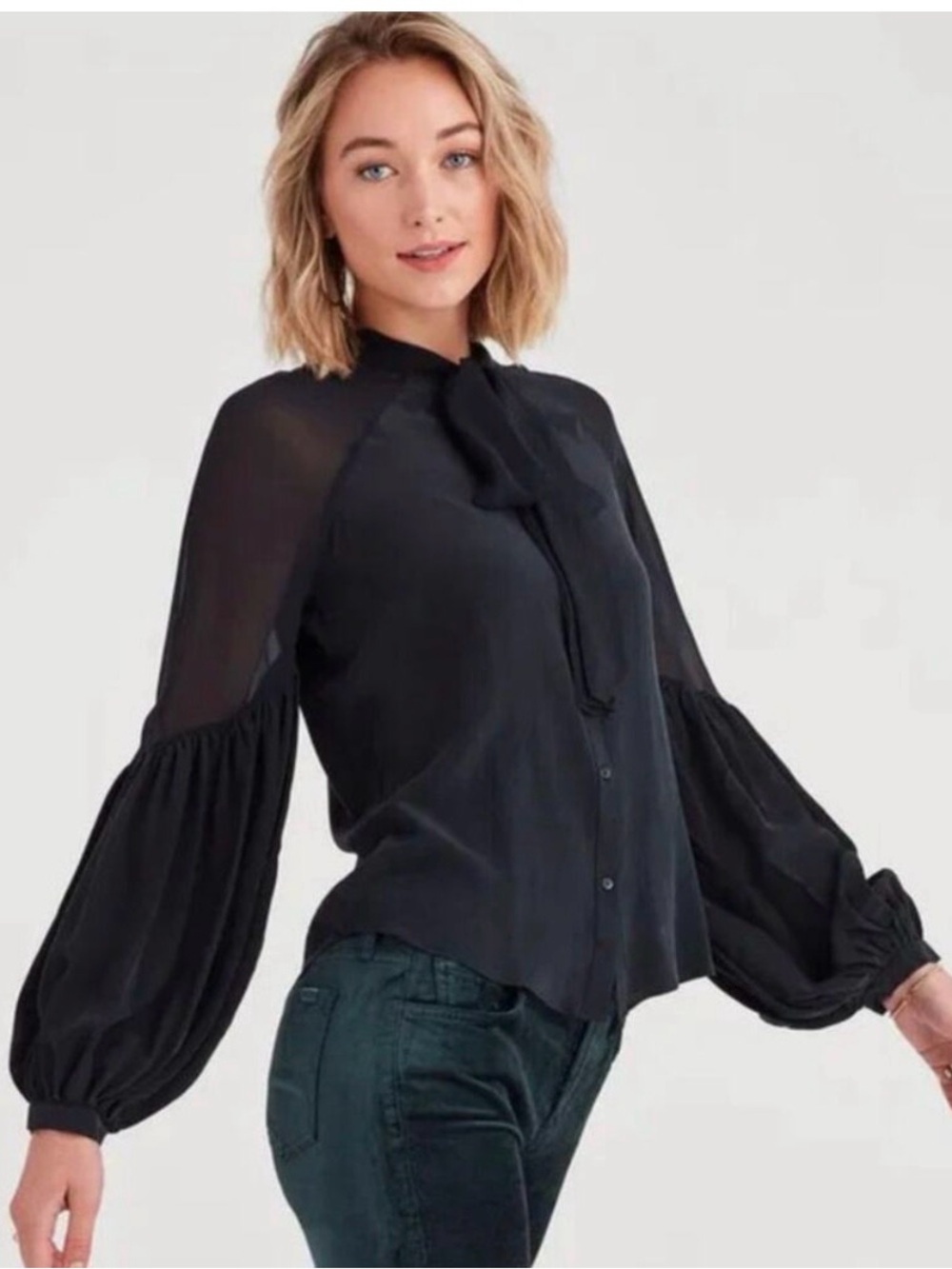 7 for All Mankind- Silk, Black Tie-Neck Balloon Sleeve Blouse